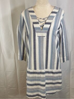 BCBGeneration Blue and White Striped Lace-Up V-Neck Tunic Dress
